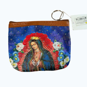 Virgin Mary Guadalupe Coin Purse Keychain Zipper Pouch Blue Heart Stud NWT